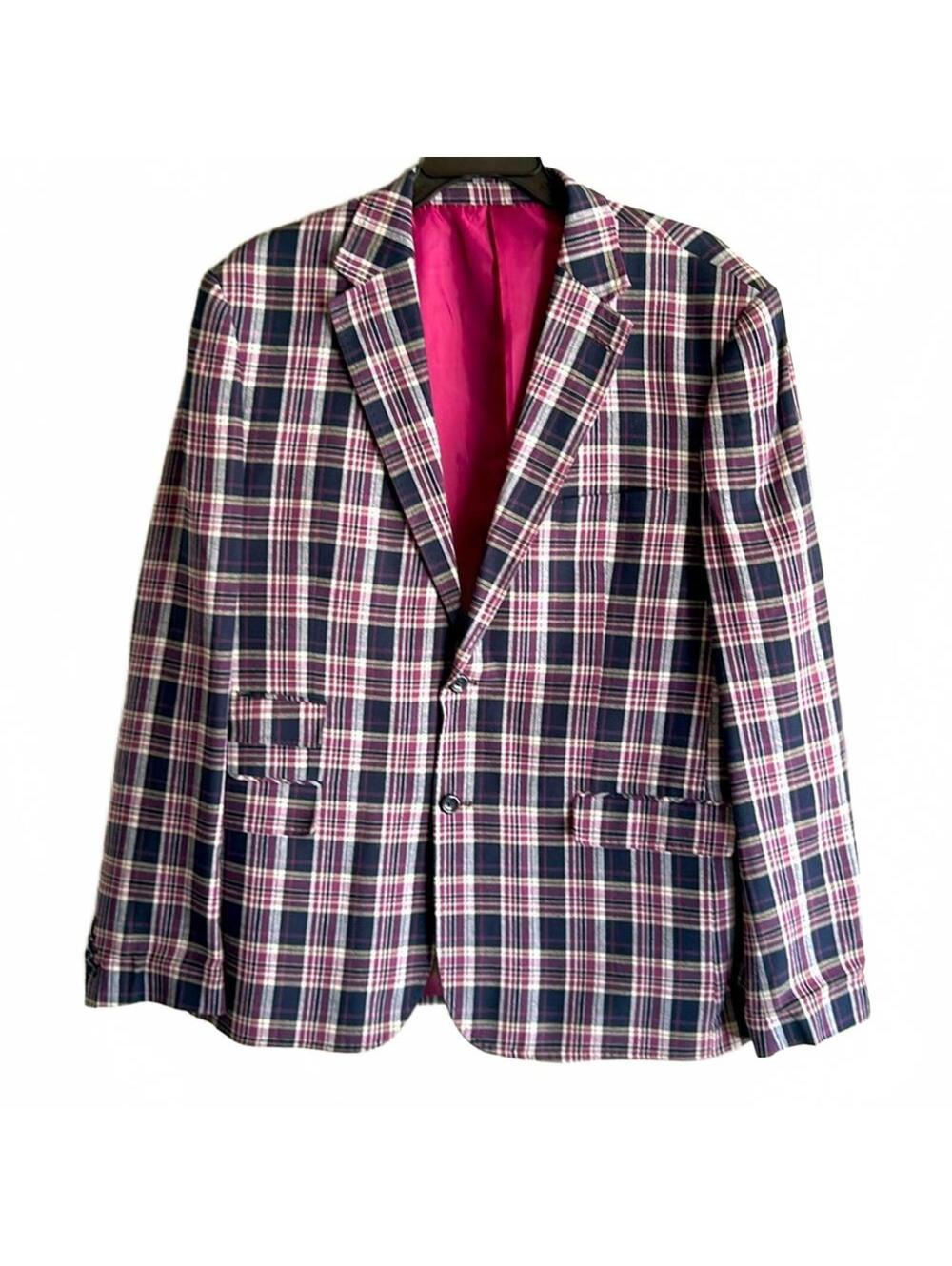 Biarelli Plaid Wool Blend Blazer With Navy Handpick Stitching | Size 2XL